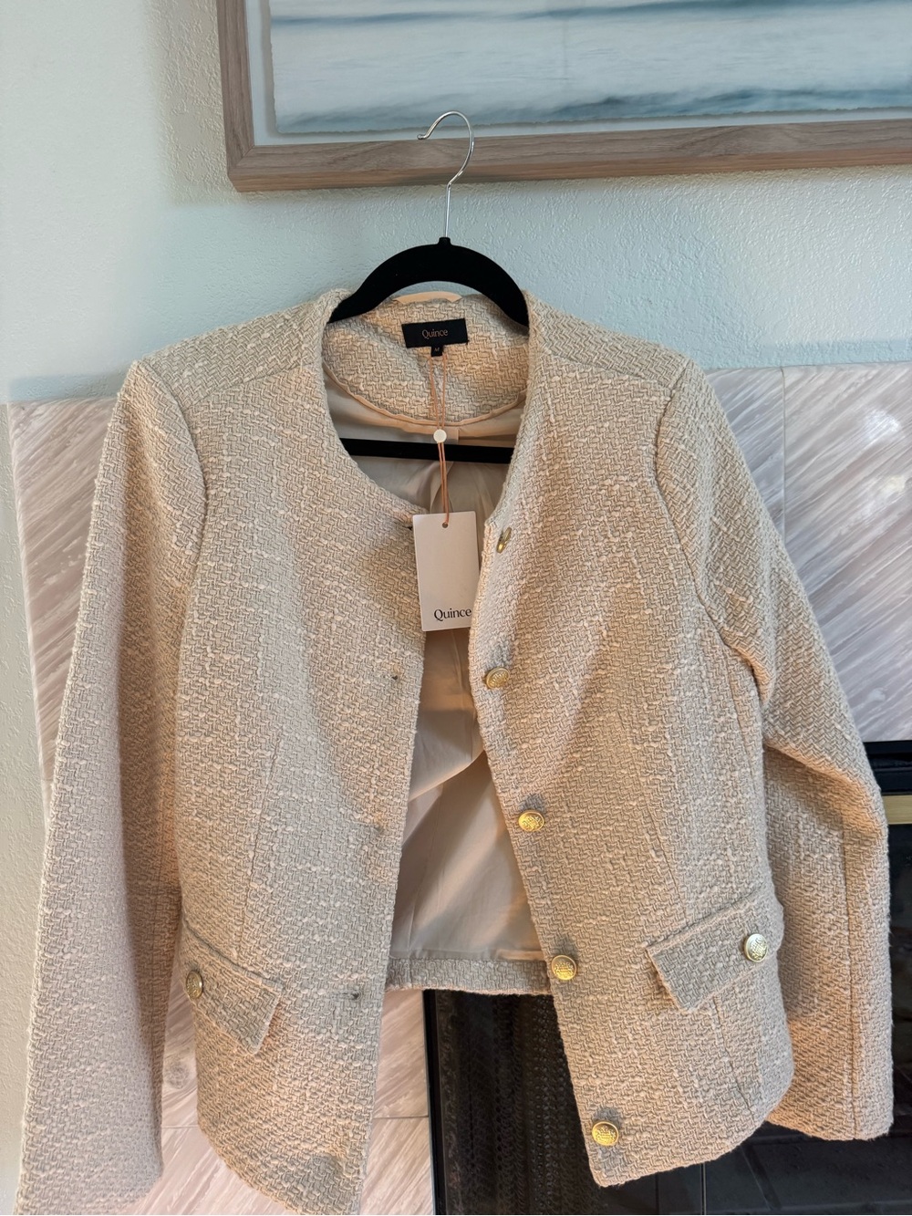 Quince Cream Bouclé Collarless Blazer with Gold Buttons